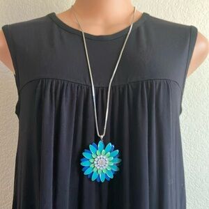 Blue and Green Large Floral Pendant‎ Necklace on Silver Chain